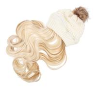 DECHOUS Beanie Wig Hat for Women with Wavy Hair Extensions, High Temperature Silk Material, Wool Knit, No Tape Glue or Sew Needed, White Winter Hat Suitable for Everyday Wear