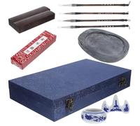 DECHOUS Chinese Calligraphy Brush Set Ink Stone and Portable Ink Stick, 10pcs Calligraphy Supplies Kit in Blue Case for Student Practice and Writing