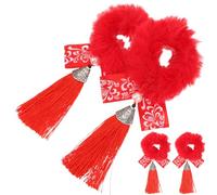 DECHOUS Chinese Style New Year Tassel Hair Ties for, 2 Pairs Red Festival Hair Accessories Set, Soft Plush Backing, Party Head Decor for Holiday Celebrations