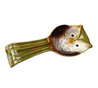 DECHOUS Compact Ceramic Spoon Rest Owl Design with Embossed Green Pattern for Kitchen Countertop and Stove Top Utensil Holder Tray for Cooking and Table Decoration