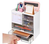 DECHOUS Desk Organiser with Four Drawers and Pen Holder, Plastic Storage Unit for Stationery and Cosmetics, Multi-Purpose Stackable Cabinet Suitable for Office and Dorm Rooms