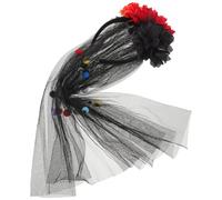 DECHOUS Halloween Day of the Dead Ghost Bridal Headband with Black Flower Skull Veil Mesh for Cosplay Party Dance Hair Accessory