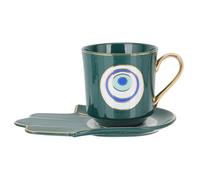 DECHOUS Turkish Vintage Coffee Cup and Saucer Set with Devil’s Eye Green Blue Ceramic Milk Cup for Afternoon Tea and Household Use
