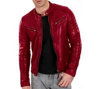DECIMAL Men's Black & BROWN Genuine Lambskin Leather Biker Jacket VINTAGE REAL MOTORCYCLE JACKETS FOR MEN, Red, 3XL