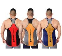 DECISIVE FITNESS Sleeveless Bodybuilding Weight-Training Sports Breathable Wicking Quick Dry Regular Fit Gym Stringer Vest with Y Back Racerback | (Pack of 3), Black-red, Navy-orange, Grey-orange, M