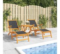 Deck Chair Acacia Wood & Black Textilene 141x57.5x92cm Adjustable Sunlounger 2pc