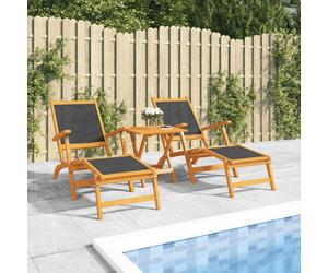 Deck Chair Acacia Wood & Black Textilene 141x57.5x92cm Adjustable Sunlounger 2pc