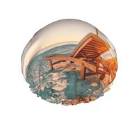 Deck Chairs On The Beach In Summer Double Layer Waterproof Shower Cap, Extra Large Soft Elastic Band, Reusable Bath Cap For Women Men,Full Print Design