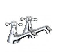 Deck Mount Victorian Basin Taps - Pair of Basin Taps for Bathroom Basin & Kitchen - Cross Top Handles with Hot and Cold Indices - Suitable for Both High and Low-Pressure Systems - Chrome