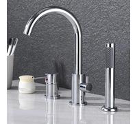 Deck Mounted Bath Mixer Tap Black Single Lever Shower Mixer Tap with Pull Out Shower Head & Hose Gooseneck-3 Holes