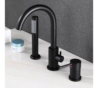 Deck Mounted Bath Mixer Tap Black Single Lever Shower Mixer Tap with Pull Out Shower Head & Hose Gooseneck-3 Holes