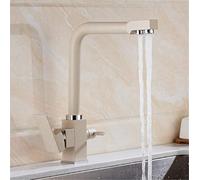 Deck Mounted Filter Kitchen Faucets Mixer Tap 360 Rotation with Water Purification Features Mixer Tap Crane Dual Handle 3 Way Faucet Golden(Beige)
