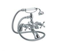 Deck Mounted Victorian Style Bathroom Bath Shower Mixer & Handset Kit Shower Mixer Filler Tap with Handheld Shower & Hose Attachment Traditional Dual Cross Handle Bathroom Mixer Taps - Chrome Plated