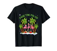 Deck The Palms Tropical Christmas Flamingo Santa Palm Tree T-Shirt