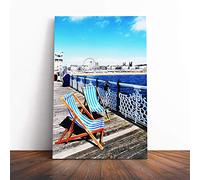 Deckchairs Brighton Beach Pier Canvas Print | Gallery Wrapped 30mm Frame Wall Art | 20x14 inches | Ready to Hang | Modern Seascape Picture | Living Room Bedroom Lounge Office