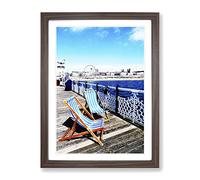 Deckchairs Brighton Beach Pier Modern Framed Print | A4 Walnut Framed Wall Art | Ready to Hang | Modern Beach Picture | Living Room Bedroom Lounge Office