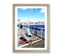 Deckchairs Brighton Beach Pier Modern Framed Wall Art Print, Ready to Hang Picture for Living Room Bedroom Home Office Décor, Oak A3 (34 x 46 cm)