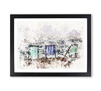 Deckchairs On Brighton Beach Watercolour Modern Framed Wall Art Print, Ready to Hang Picture for Living Room Bedroom Home Office Décor, Black A4 (34 x 25 cm)