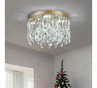 Deckrico 30cm Gold Crystal Flush Mount Ceiling Light Fixture, Modern Close to Ceiling Chandelier with Tri-Color LED Lighting for Bedroom Hallway Dining Room