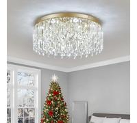 Deckrico 50cm Gold Crystal Chandelier, Modern Flush Mount Ceiling Light Fixture Luxury Tri-Color LED Lighting for Living Room Dining Room Bedroom