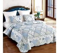 DECMAY Bedspread 250 x 270 cm Blue Patchwork Blanket Bed Throw Bedspread with Floral Pattern Throw Blanket Bed for Double Bed, 3-Piece Bedspread with Pillow Set, Microfibre, Simple Ruffle Design