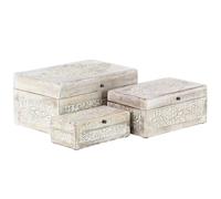 Deco 79 8"/10"/12" Carved Design Wooden Boxes with Lid (Set of 3), Cream