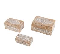 Deco 79 8"/10"/12" Carved Design Wooden Boxes with Lid (Set of 3), Cream