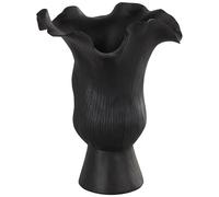 Deco 79 Ceramic Abstract Floral Inspired Vase with Wavy Folded Rim and Linear Grooves, 8" x 7" x 11", Black