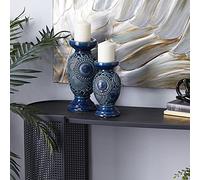Deco 79 Ceramic Pillar Candle Holder with Cut Out Pattern, Set of 2 13", 10"H, Blue