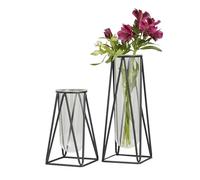 Deco 79 Glass Decorative Vase Tube Centerpiece Vases with Metal Stand, Set of 2 Flower Vases for Home Decoration 13", 9"H, Black