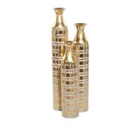 Deco 79 Metal Tall Distressed Metallic Vase with Etched Grid Patterns, Set of 3 35 Inch, 30 Inch, 25 InchH, Gold