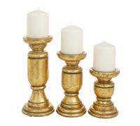 Deco 79 Traditional Mango Wood Candle Holder, Set of 3 10", 8", 6" H, Distressed Gold
