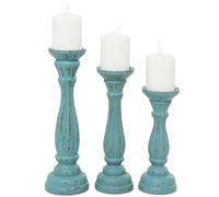 Deco 79 Wood Distressed Candle Holder, Set of 3 15", 13", 11"H, Blue