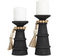 Deco 79 Wood Handmade Textured Matte Candle Holder with Beaded Garland Accent, Set of 2 10", 8" H, Black