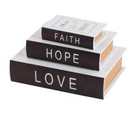 Deco 79 Wooden Decorative Box Love, Hope, Faith Faux Storage Book Book Shaped Boxes with Black Spine and Gold Accents, Set of 3 Decorative Keepsake Boxes 11", 8", 6" H, White