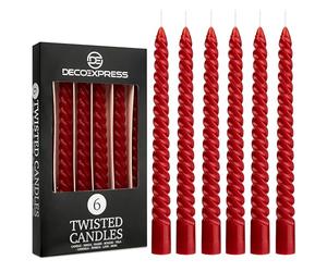 DECO EXPRESS Candles, Pack of 6 Dinner Candles, Non Drip Twisted & Non Scented, Long 6 Hours Burning Time, Cosy Home Decor, Valentine’s Day & Mother’s Day Gifts (Red, Pack of 6)