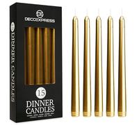 DECO EXPRESS Candles Set, Pack of 15 Classic Dripless Tapered Metallic Dinner Candles, Unscented with 8 Hours Burning Time, Home, Valentine’s Day & Mother’s Day Decor Idea (Gold, 15 Pack)