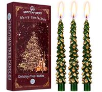 Deco Express Christmas Tree Candles Set of 3 or 6, Dinner Candles 7 Hr Burn, Table Centrepiece Festive Decor Xmas Holiday, Gift Set Home Decoration (Green/Gold, 3 Pcs)