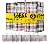 DECO EXPRESS Laundry Bags XL, Pack of 10, 75L Strong, Durable & Reusable Extra Large Storage Bags with Zips, Ideal for Moving, Shopping, Packing, Laundry & Clothes Storage (60 X 50 X 25 CM)