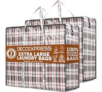 DECO EXPRESS Laundry Bags XXL, Pack of 2, 107L Strong, Durable & Reusable Extra Large Storage Bags with Zips, Ideal for Moving, Shopping, Packing, Laundry & Clothes Storage (76 X 59 X 24 CM)