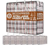 DECO EXPRESS Laundry Bags XXL, Pack of 8, 107L Strong, Durable & Reusable Extra Large Storage Bags with Zips, Ideal for Moving, Shopping, Packing, Laundry & Clothes Storage (76 X 59 X 24 CM)