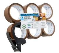 DECO EXPRESS Packaging Tape Dispenser with Tape 6 Rolls Strong Brown Tape Fragile Tape Clear Tape Heavy Duty Tape for Packing Boxes Moving House Essentials (Small Dispenser Brown)
