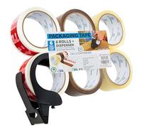 DECO EXPRESS Packing Tape Dispenser with 6 Rolls Mixed Tapes - Brown, Clear, Fragile - Heavy Duty - Small Dispenser