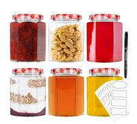 DECO EXPRESS Preserving Glass Jam Jars with Airtight Screw Lids, 250 or 500ml with Labels and Marker (Red, 6 Pack, 250 ml)