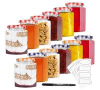 DECO EXPRESS Preserving Glass Jam Jars with Airtight Screw Lids, 250 or 500ml with Labels and Marker (Red/Multi, 12 Pack, 250 ml)