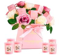 DECO EXPRESS Rose Scented Candles Gift Set for Women, 10 Artificial Flowers Bouquet & Pack of 6 Candles, 6 Hrs Burn Time, Luxury Valentine’s Day, Mother’s Day & Birthday Gifts for Women (Pink/White)