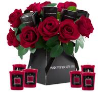 DECO EXPRESS Scented Candle Gift Set with Flowers, Ladies Bouquet Roses and Candle Box Women's Gifts Valentines Day Bday (Red)