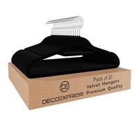 DECO EXPRESS Velvet Hangers, Multipack Non Slip Coat Hangers with 360° Swivel Hooks, Space Saving Wardrobe Organiser for Kids & Adults Clothes (Black, 20 Pack)