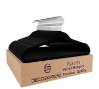DECO EXPRESS Velvet Hangers, Multipack Non Slip Coat Hangers with 360° Swivel Hooks, Space Saving Wardrobe Organiser for Kids & Adults Clothes (Black, 50 Pack)