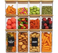 Deco haus® Storage Jars with Lids Square Set of 12 [+ Labels] - Glass Storage Jars with Lid Airtight - Storage Jar with Wooden Lid - Storage Jars - Glass Container Storage Container